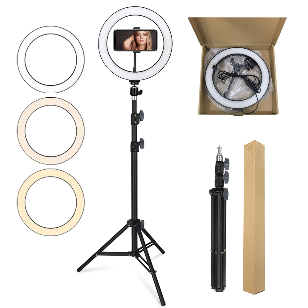 

1.4m tripod stand with 10 inch USB portable selfie mobile ring light, Black
