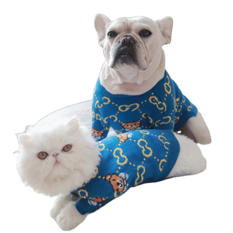 

Pet dog knitted sweater trendy brand G thick warmth pullover luxury popular clothes for small and medium-sized cats and dogs, Blue