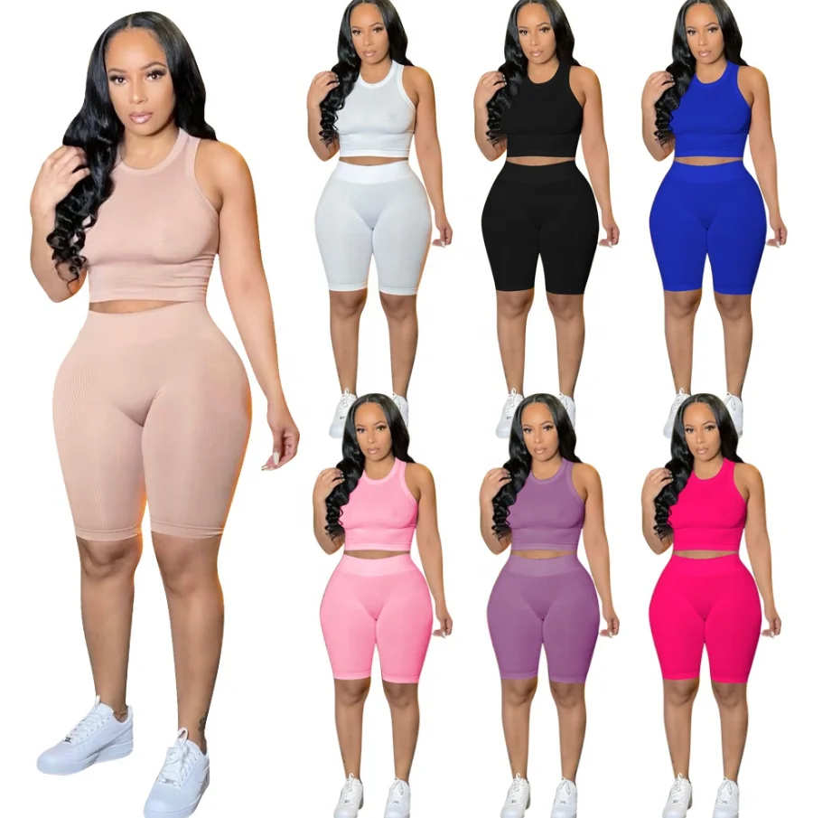 

2022 Fashion Summer Vest Shorts Jersey Sets Outfits Two Piece Women Clothing Biker Shorts 2 Piece Set