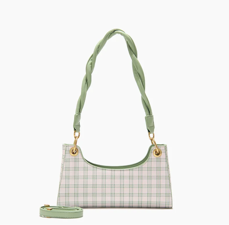 

Purple Plaid Frog Bag Ladies Woven Handbag Baguette Underarm Bag Leather Round Moon Jackie Tote Retro American Shoulder Bag, Green, purple, blue