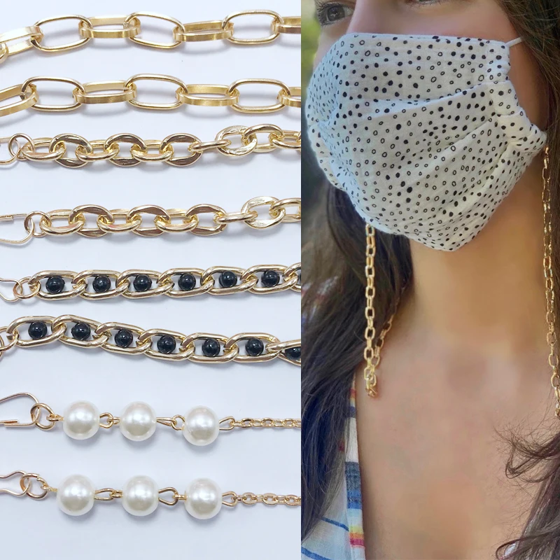 

New Fashion Pearl Aluminum Eyeglass Face Cover Masking Holder Chains Hanging Necklace Facemask Hanger Lanyard, Gold
