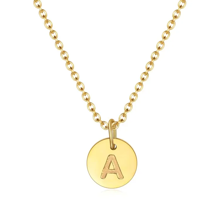 

Stainless Steel Personalized Letter Alphabet Engraved Pendant Chain Necklaces Gold Tone Tiny Disc Initial Dangle Necklace Set