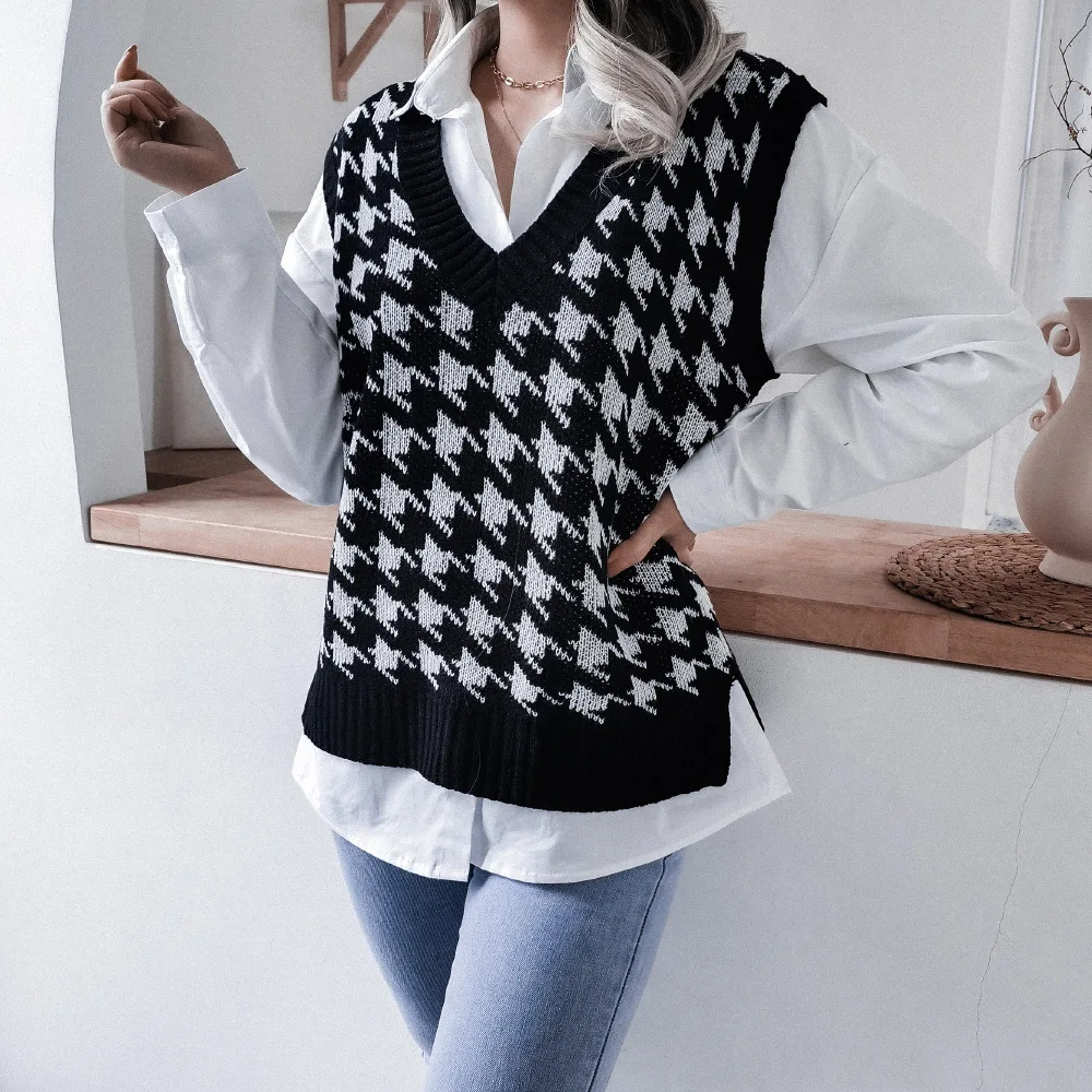 

Autumn V-Neck Casual Loose Knit Vest Sweater Women Fashion All-Match Pullover Tops College Style Diamond Print Tank Sweater vest