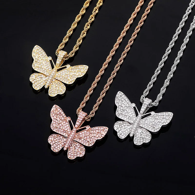 

Hip Hop Fashion Animal Butterfly Pendant Necklace Iced Out AAA Cubic Zircon Men's Women Hip Hop Rock Jewelry Gift, Multi color