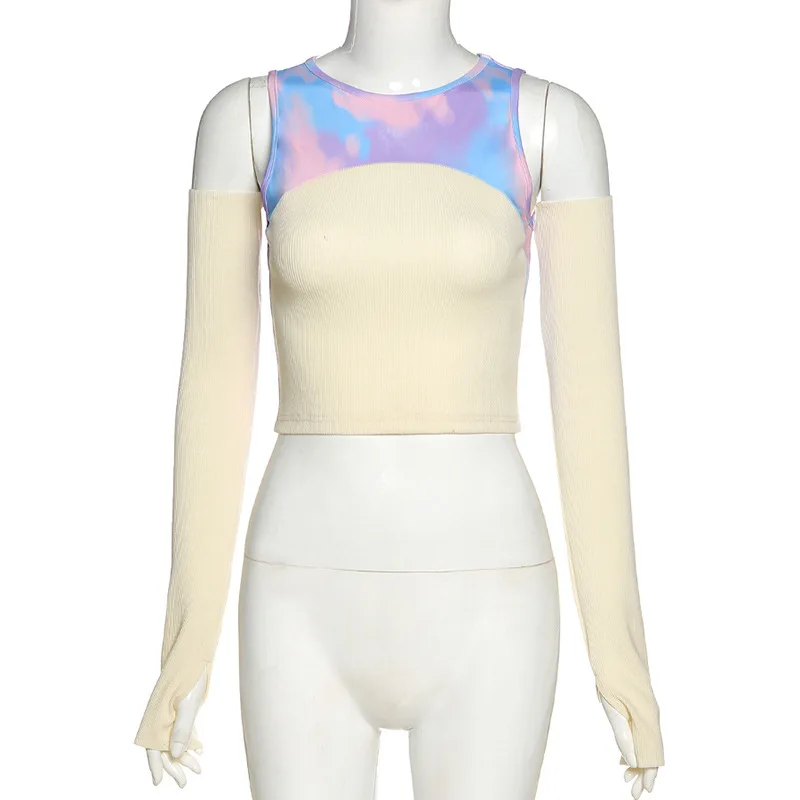 

2020 New fashion Women Sexy Removable sleeve contrast color T-shirt Tops Solid Color Long Sleeve Tops