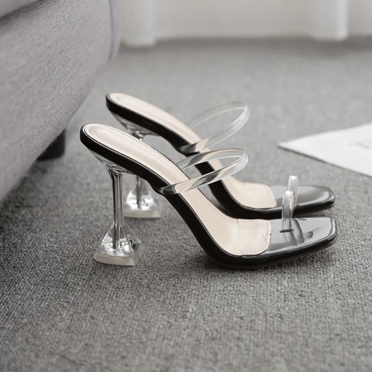 

Ladies PVC Clear Sandals High Heels Pumps Sexy Women Flip Flops Slippers Party Shoes, Black,apricot