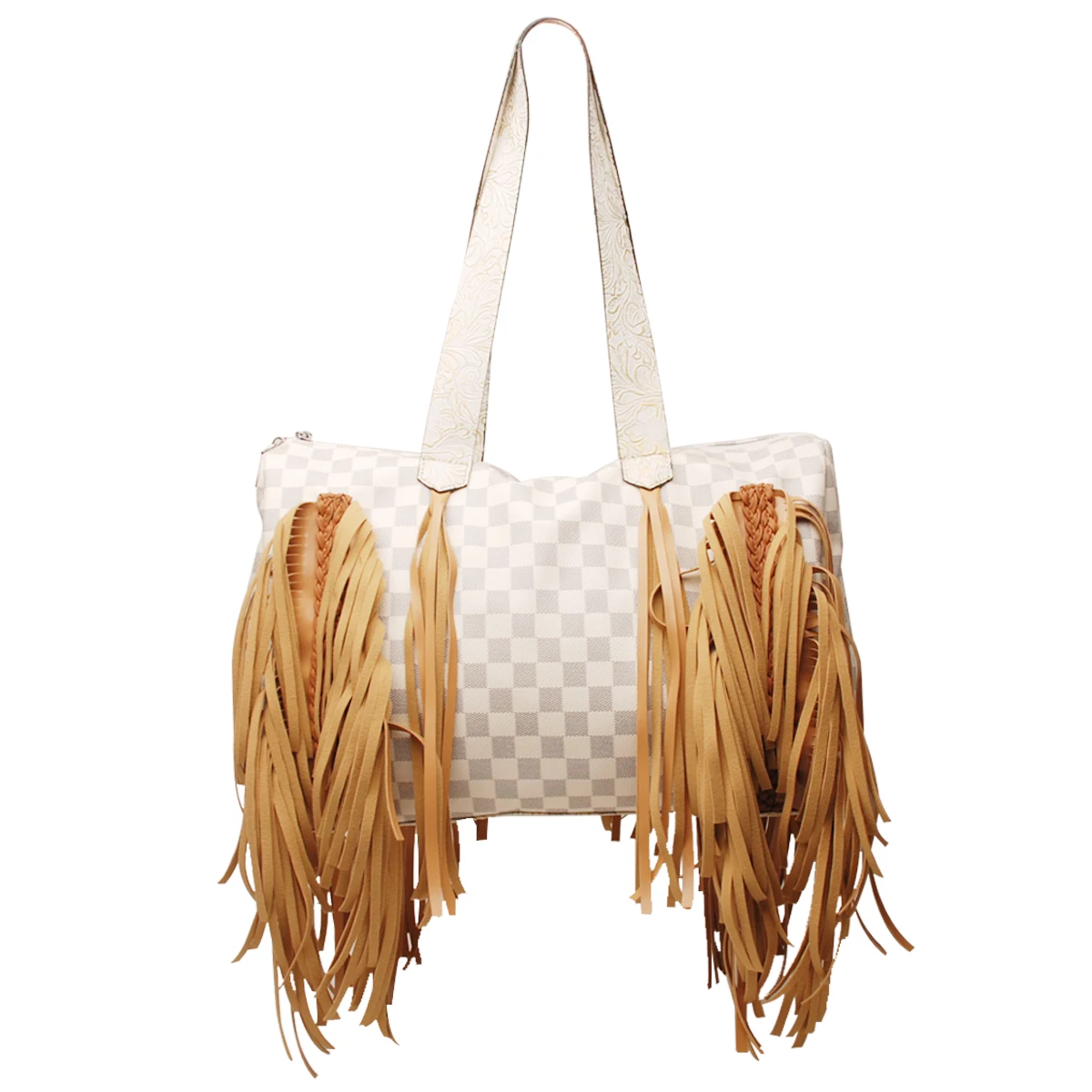 

Wholesale PU Leather Check Duffel Tote Bag DOM1131800 Travel Plaid Weekender Bag with Handle and Tassel
