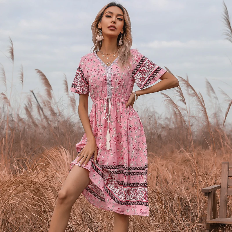 

Dress Boho Girls Summer Polynesian Vacation Vestidos Bohemian Dresses Women, Pink
