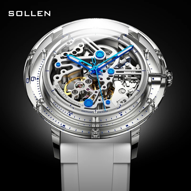 

SOLLEN trendy couple watches mechanical movement transparent dial new design wristwatch for men & women