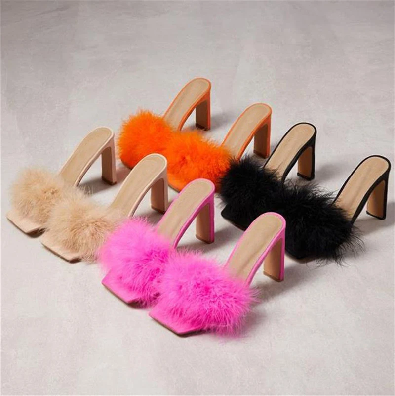 

summer slippers for women Sexy Feather Fur Ladies Slippers Summer Fashion Party High heels Shoes Gladiator Slides Lady Sandals