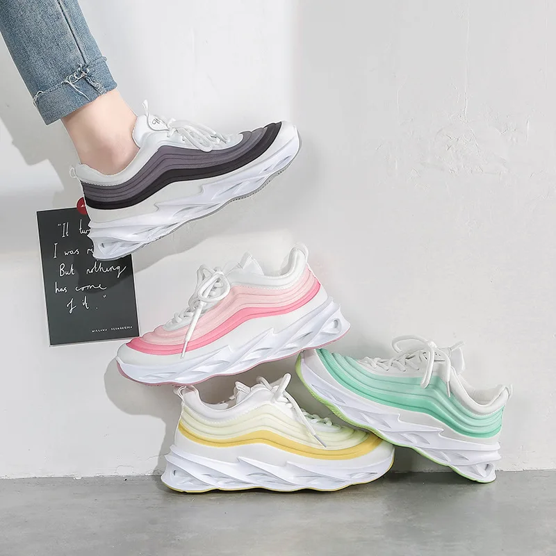 

WK-026 2021 hot selling candy color gradient ramp strip print lace up sneaker for women new spring sports running shoes, More than 10 colors as picture show