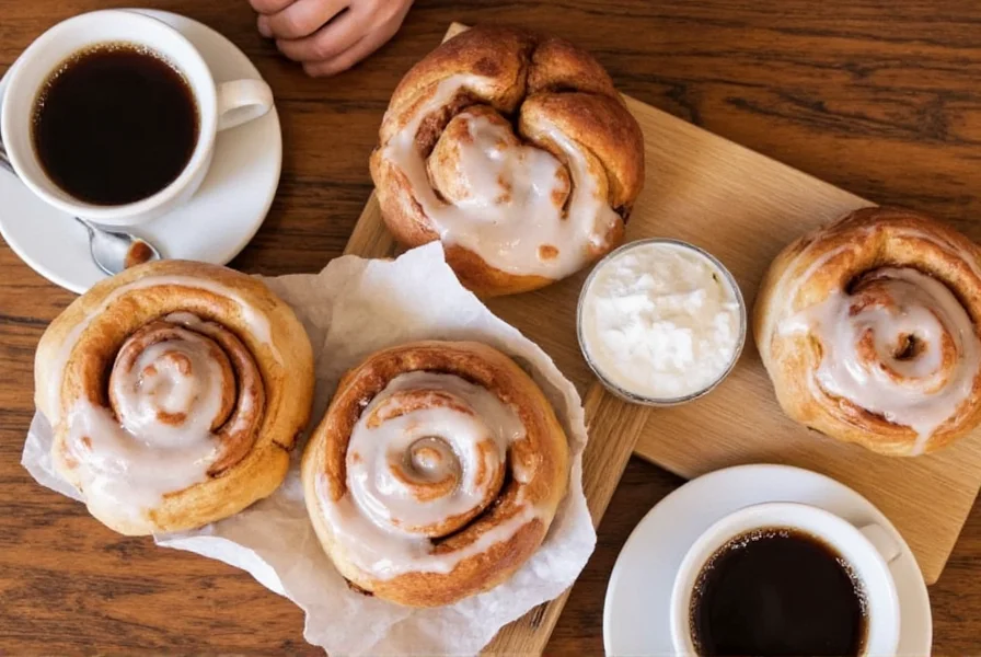 Top five cinnamon buns in NYC arranged on wooden table with coffee cups