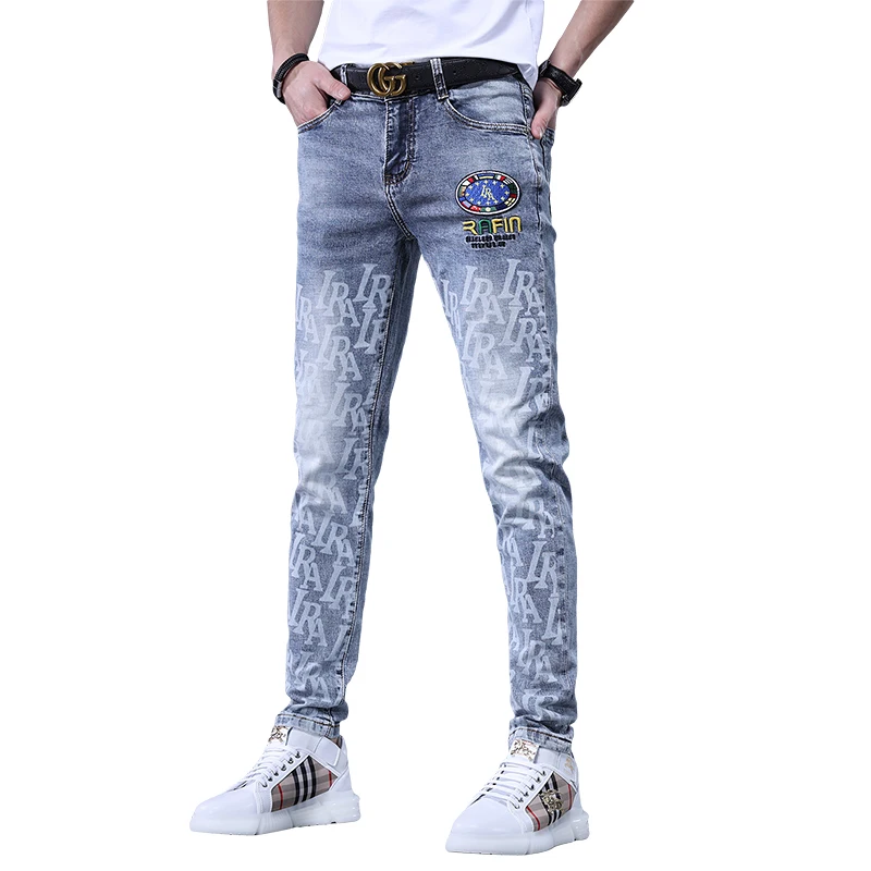 

new feeling man embroider jeans summer and spring print letter denim trendy slim fit jeans, Blue