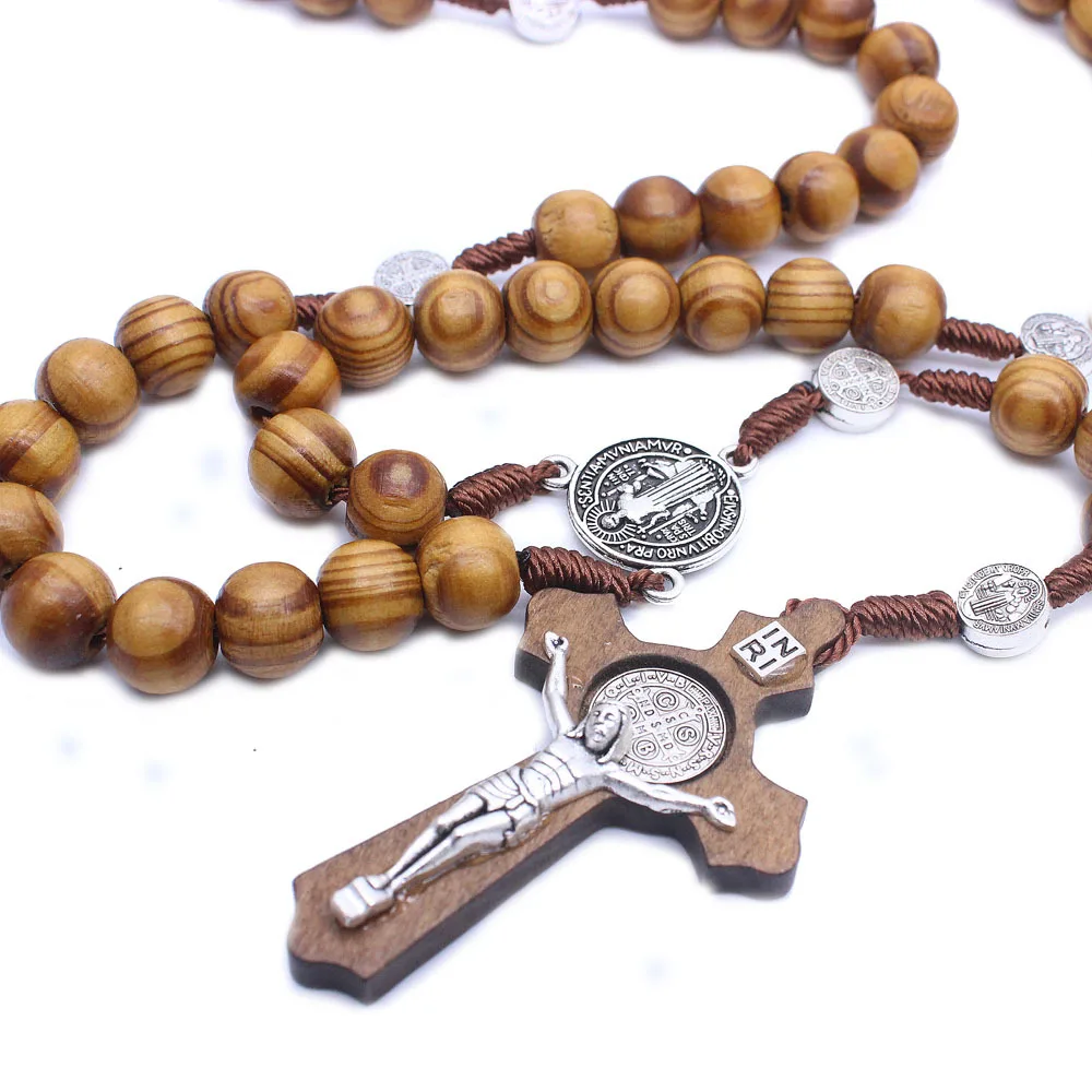 

2019 hot Catholic Rosary Necklace Handmade Wooden Cross Necklace Religious Jewelry