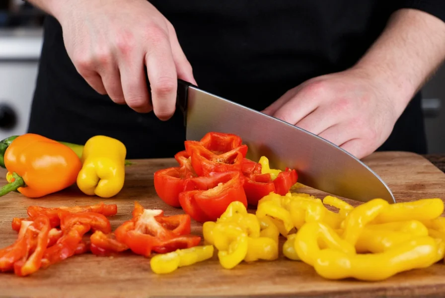 Professional chef slicing colorful bell peppers on wooden cutting board for sauteing