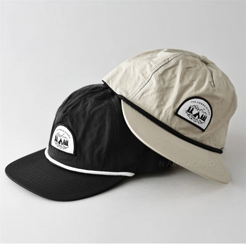 Polyester Flat Brim Breathable Men Women Camp Cap Custom Unstructured Woven Patch Dad Rope Hats