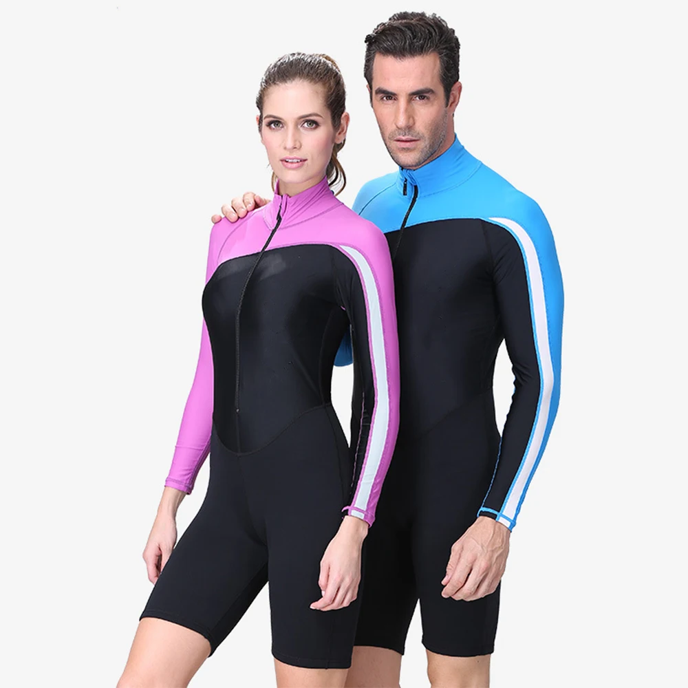 

FunFishin 1.5MM Neoprene Wetsuit One Piece Long Sleeve Shorts Smooth Skin Scuba Diving Suit, Blue grey pink rose red