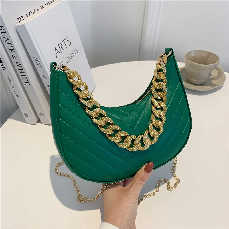 

High Quality Fashion Luxury Hand Bag Retro Chain Simple Ladies Crossbody PU Shoulder Bags Underarm Bag Armpit Handbags, White,green,black,coffee