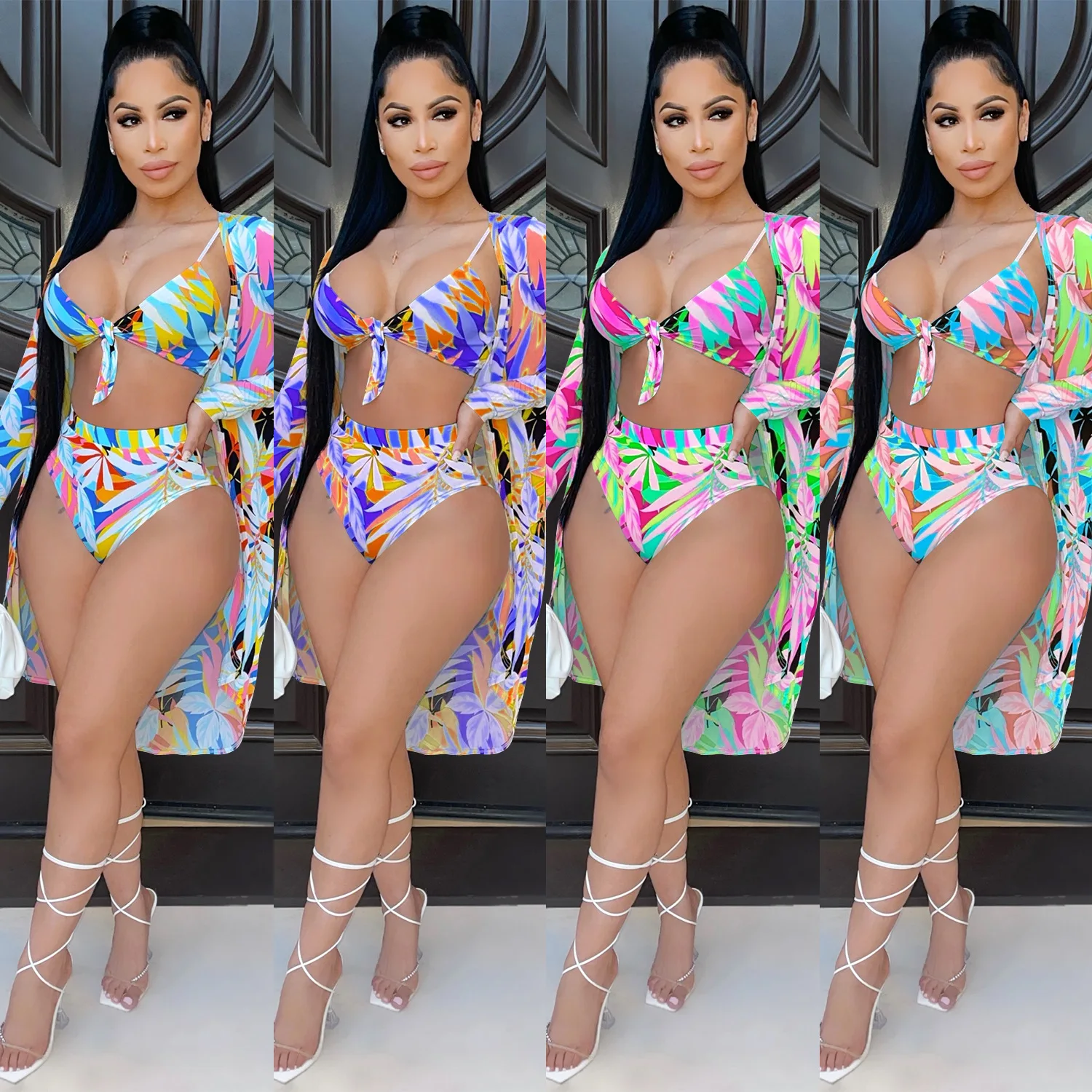 

2021 new summer Floral Tropical Print Blouse 3 piece set bikini swimsuit Three Piece Set bikini for women