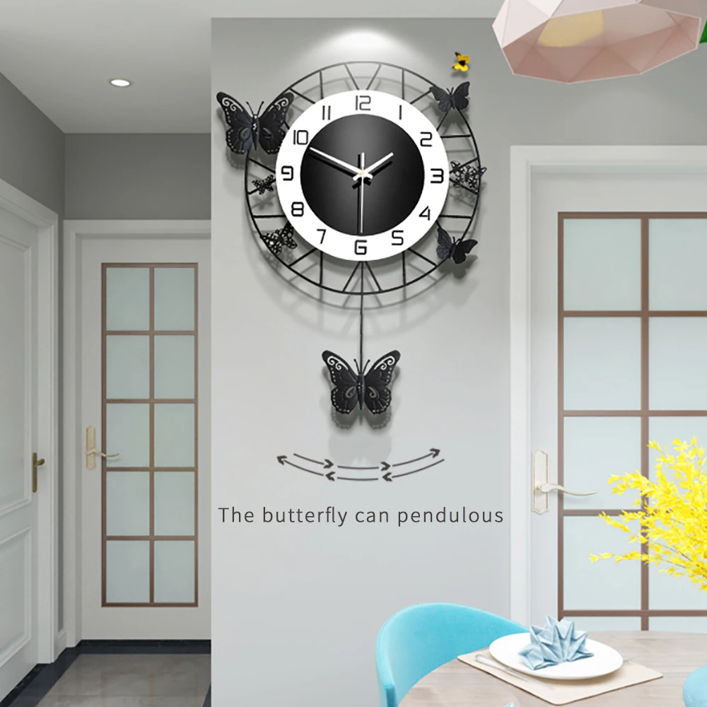 

odm/odm modern wall clock metal butterfly pendulum clock decorative wall clock reloj de pared, Black golden silver