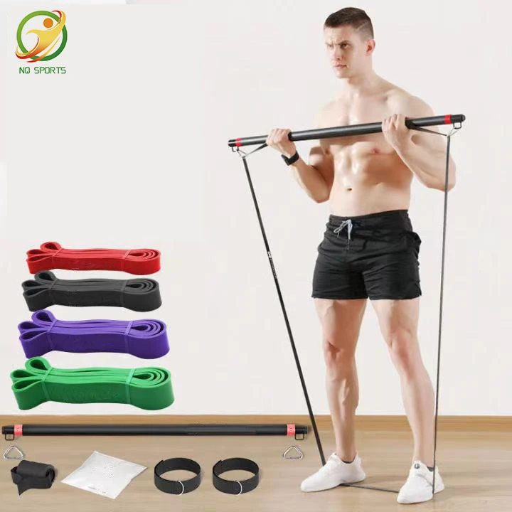 

Custom yoga fitness equipment Removable Pilates Stick bar Kit with Adjustable long resistance bands, Customized color