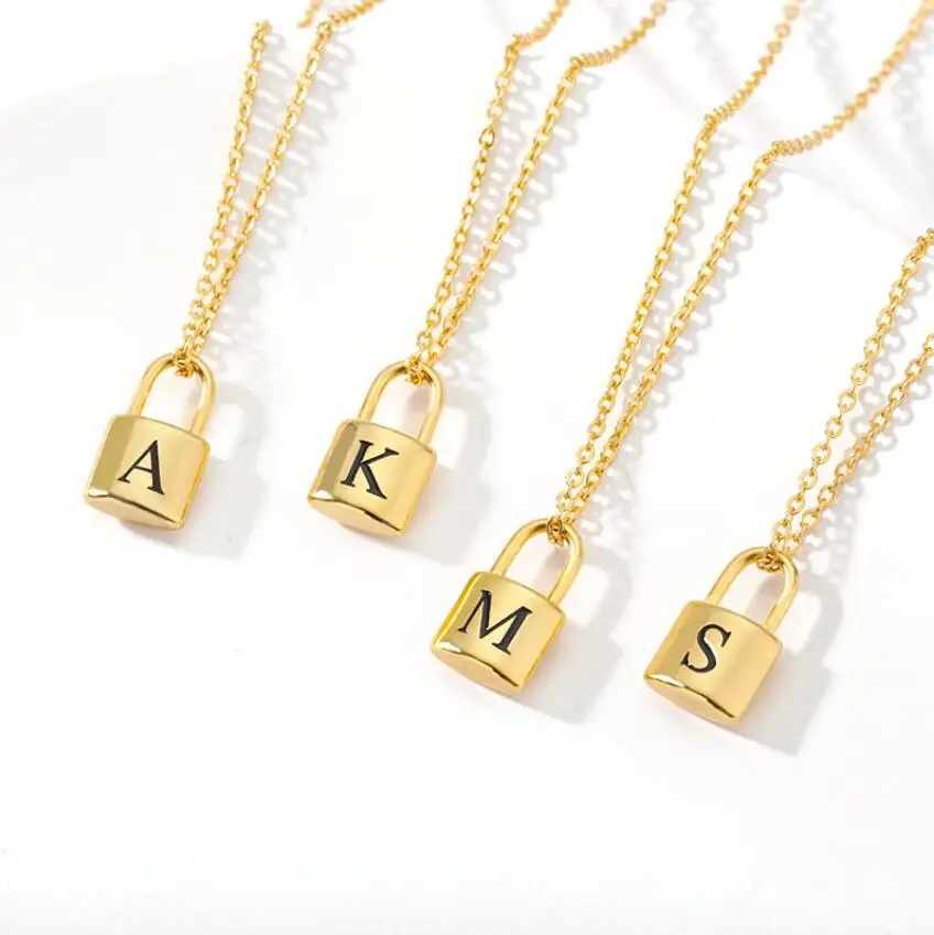 

Stainless Steel Link Chains 26 Alphabet Letter Pendant Name Engraving Lock Necklace