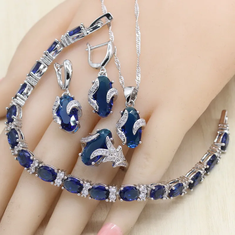 

Royal Blue Semi-precious Women Silver Color Jewelry Sets with Bracelet Necklace Pendant Earrings Ring Birthday Gift