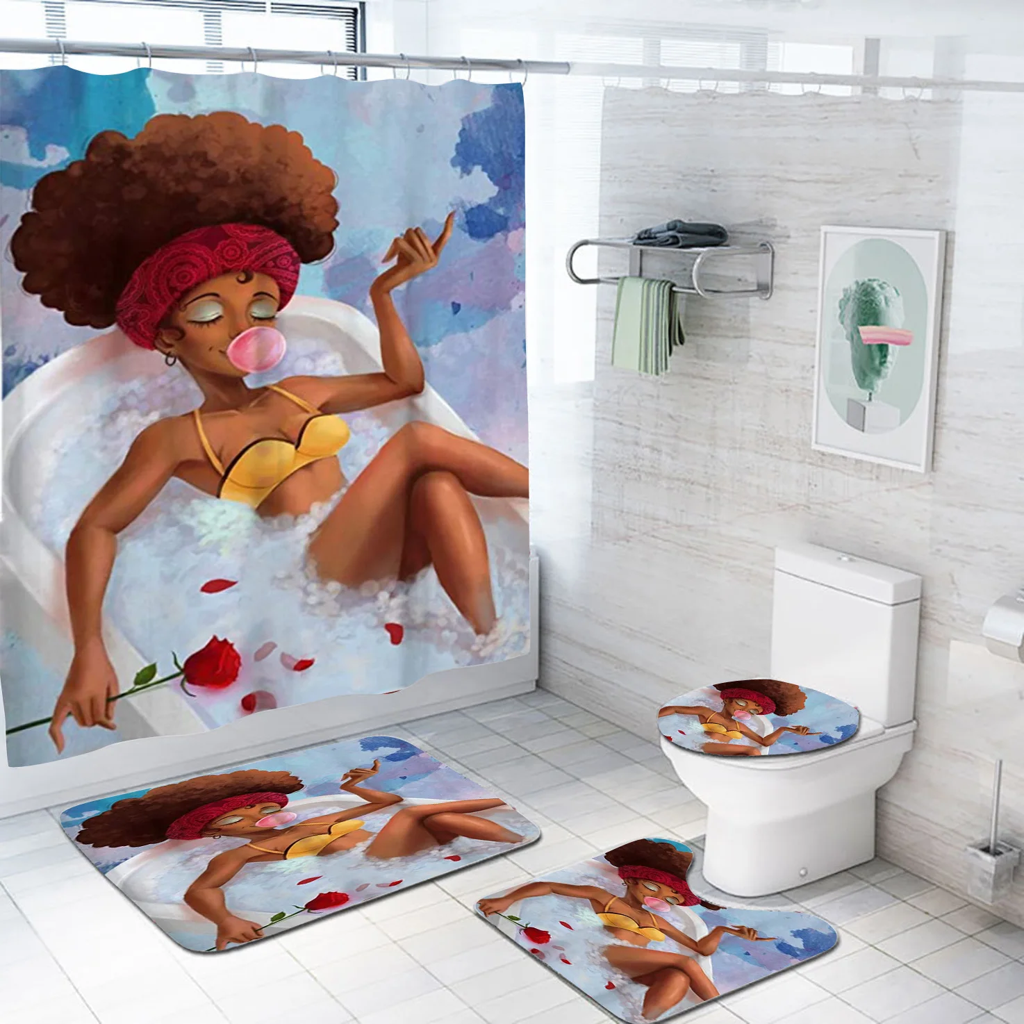 

Luxury Custom Printing Polyester African American Black Woman Shower Curtain Sets 4 pieces For Bathroom, Printed