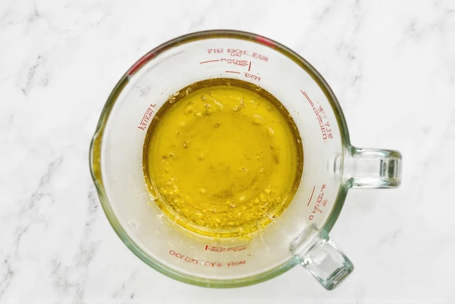 Glass container showing properly stored minced ginger in olive oil with measurement markers