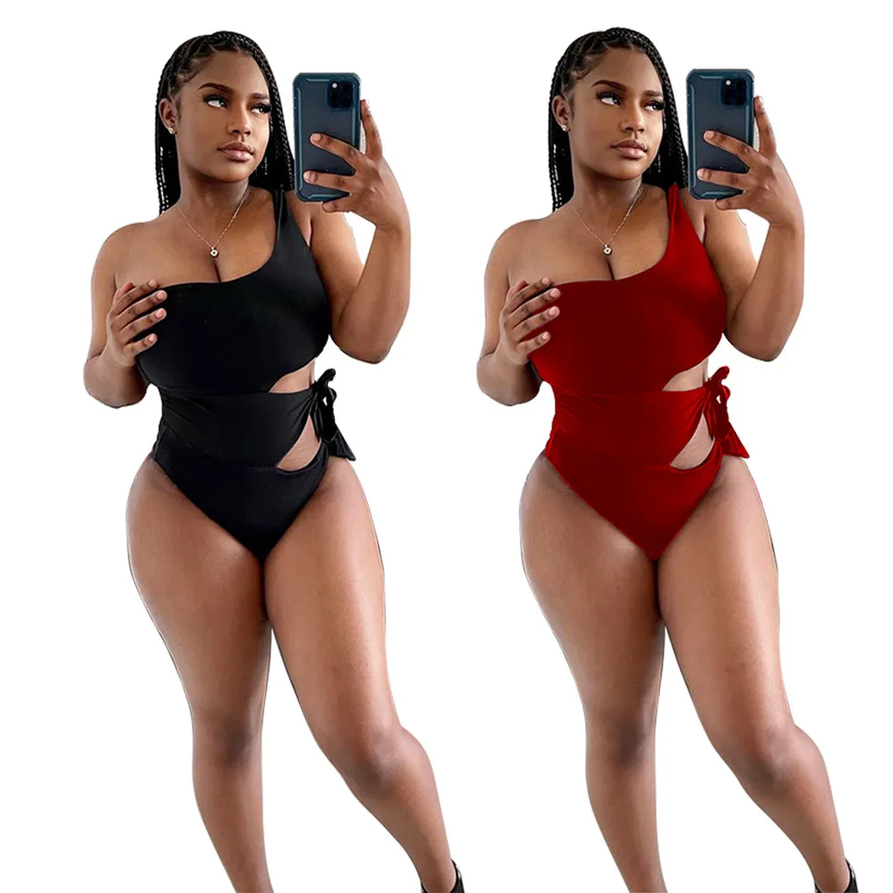 

SAD8856 2021 latest designer solid color hollow out one shoulder design women sexy one piece bathing suits, Picture