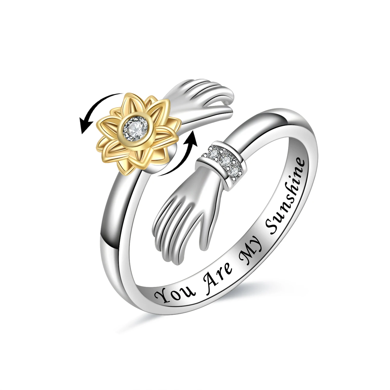 

Slovehoony 925 Silver Sunflower CZ Anxiety Relief Fidget Hug Ring You Are My Sunshine Couple Spinning Rings For Girl