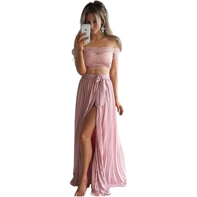 

Pink Color Off Shoulder Split Thigh Two Piece Sexy Female Clothes Dresses Women