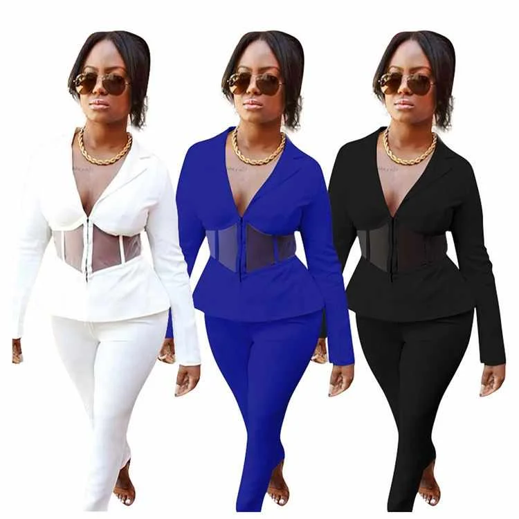 

Hot Selling Women Fashion Clothing 2020 Sexy Mesh Ruffles Splice Womens Two Piece Set