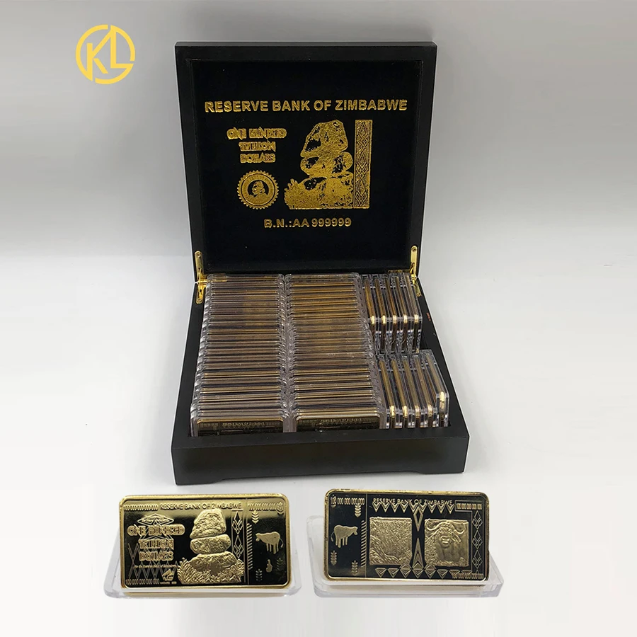 

50pcs Free shipping Gold plated one hundred trillion dollars Zimbabwe bullion ingots with certificates in black wooden box