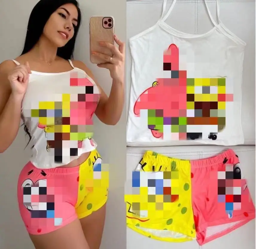 

Black Rose Fashion Y plus size Hot Shorts And Sleeveless Crop Top Summer Sexy cartoon Two Piece Set Women Clothing