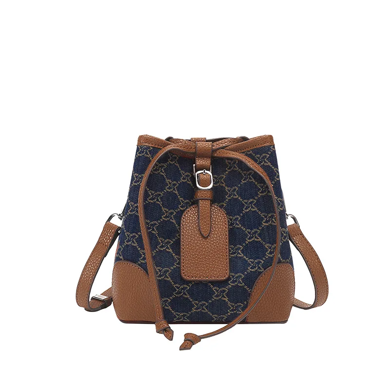 

Casual denim messenger bucket handbag designer ladies bag, Black