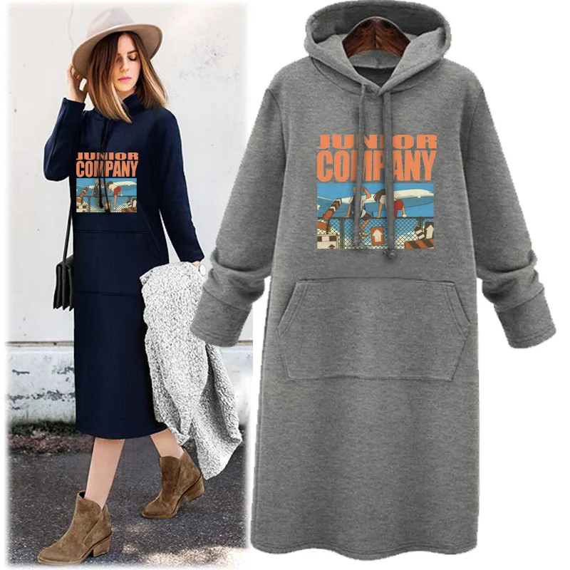 

Over-the-knee sweatshirt dres Women 2021spring And Autumn New Korean Chic Long Loose Long-sleeved Hooded Sweater Dress Trend, Grey, black, navy