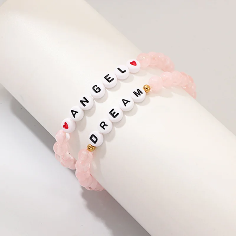 

2Pcs/Set Fashion DREAM ANGEL Initial Letters Pink Opal Seed Beaded Bracelets for Baby Girls, Picture