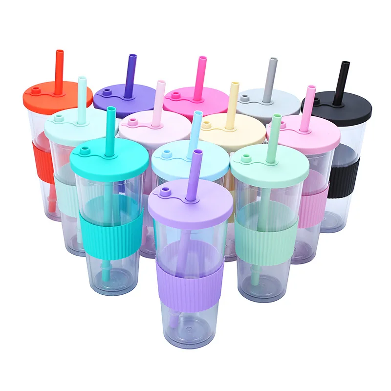 

wholesale 24Oz clear colorful plastic cups flat lid double wall tumbler cups snow globe skinny tumblers with lid and straw