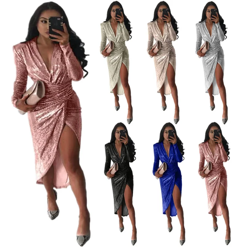 

2021 Women Lace Prom Dress Ladies Vestidos Plus Size Dress Long Sleeve Party Maxi Sequin Evening Dress, Shown