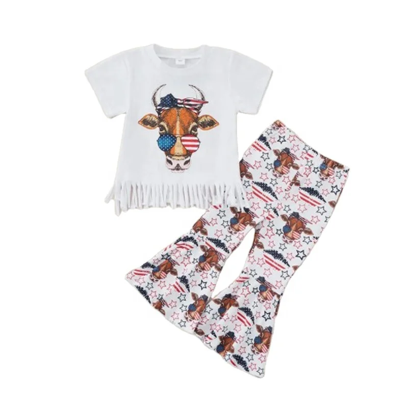 

Hot Sale New Cute Tassel Flared Pant Cow Print T-shirt Kids Set 4th Of July Girls Outfits, One color