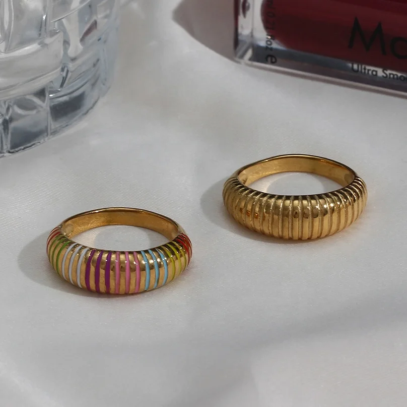 

Minimalist Daily Jewelry Vertical Stripes Colorful Enamel Stainless Steel Gold Rings