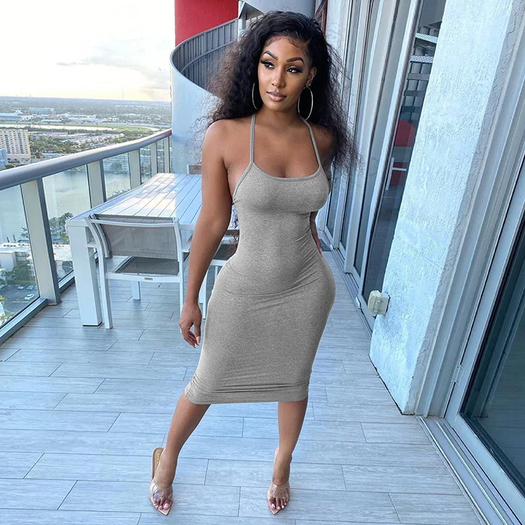 

Spaghetti Strap Backless Bodycon Solid Tank Dresses Women Summer Sleeveless Casual Dress, Gray,black,blue,purple