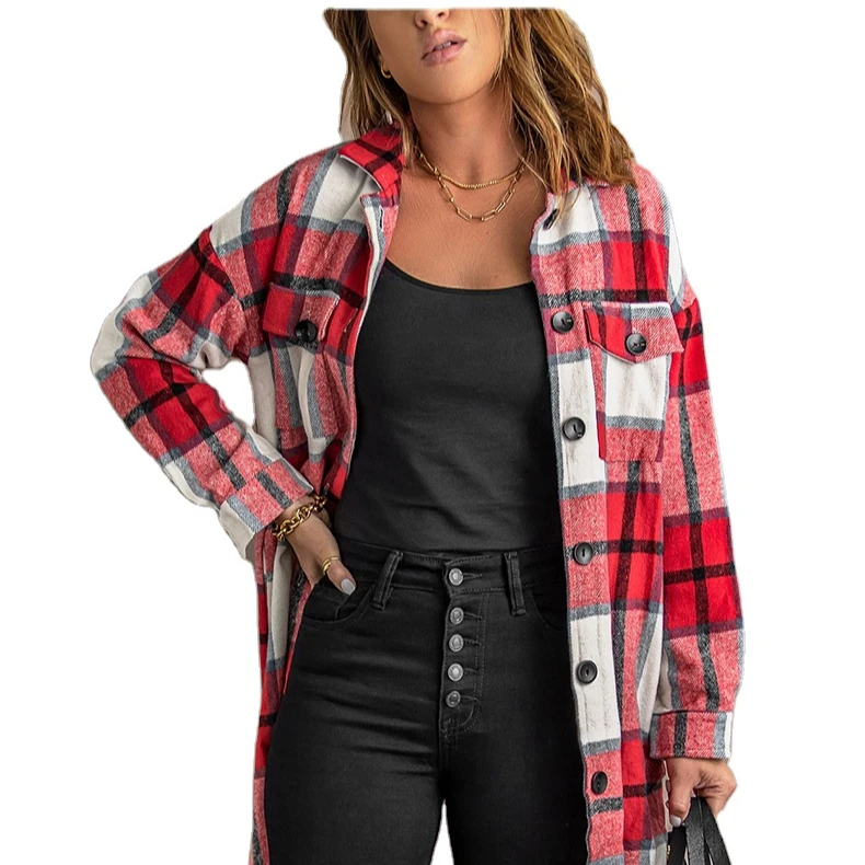 

2022 Spring Long Sleeve Lapel Loose Women Casual Jacket Fashion Plaid Women Coat she in, Picture