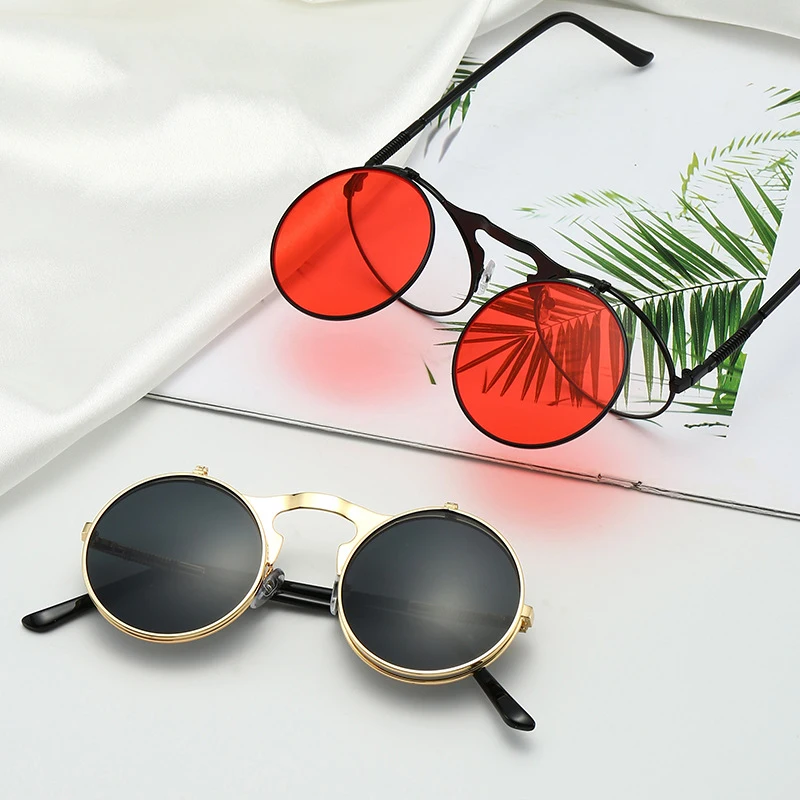 

2021 flip up glasses sunglasses new fashion steampunk clip on round unisex metal frame sunglasses