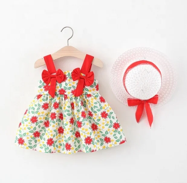 

New design big bow sleeveless girls dress with hat set high quality A-line cotton toddler girls dress infant baby clothes, 6 colors