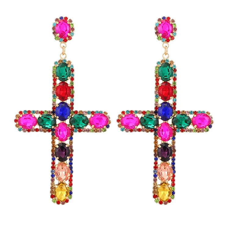 

New Factory Big Cross Large Statement Earrings Trendy Crystal Dangle Rhinestone Earrings Jewelry For Women, Platinum/rose gold