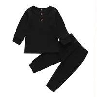 

2019 long sleeve blank ribbed cotton 2 pcs black baby outfit clothing set