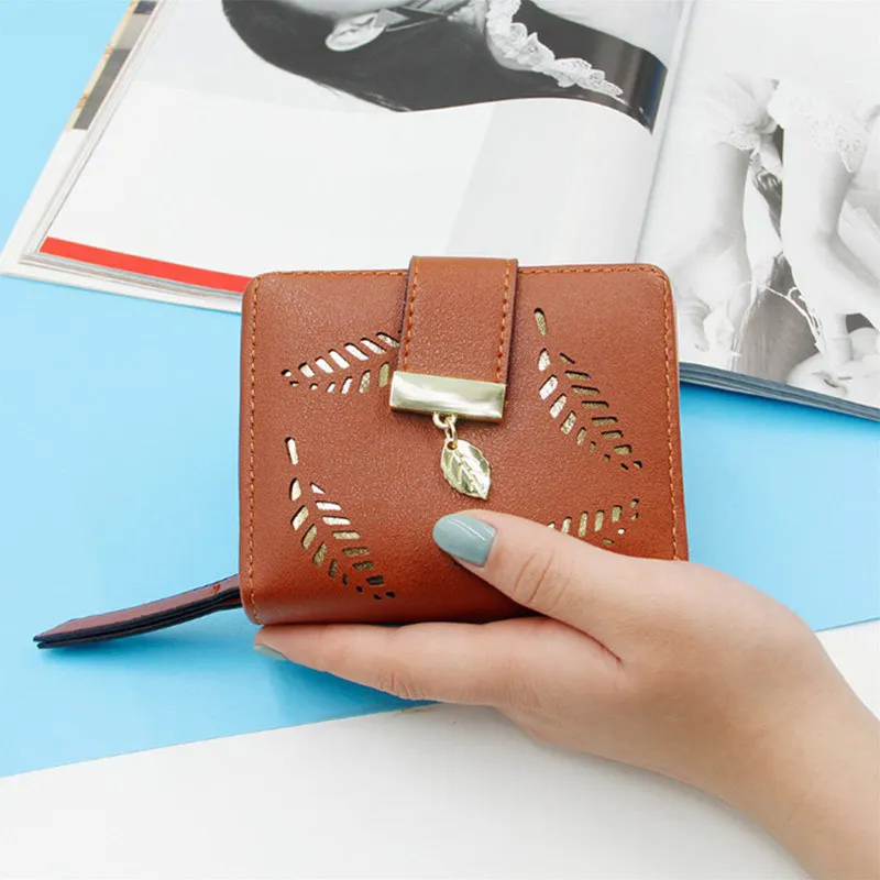 

Factory direct ladies short section wallet leaf hollow large capacity card holder wallet two fold clutch bag card bag coin purse, 6 colors