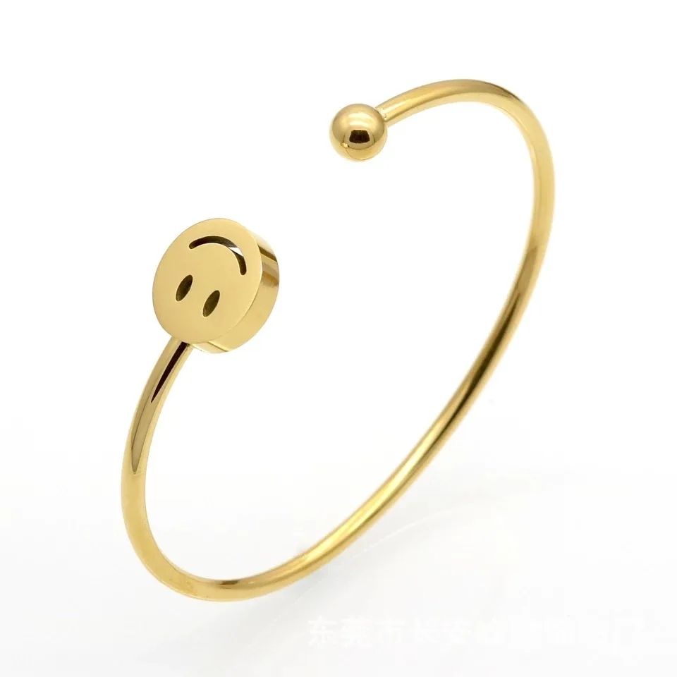 

Adjustable cuff expandable simple design charm stainless steel happy face smiley bangle bracelet, Gold,silver